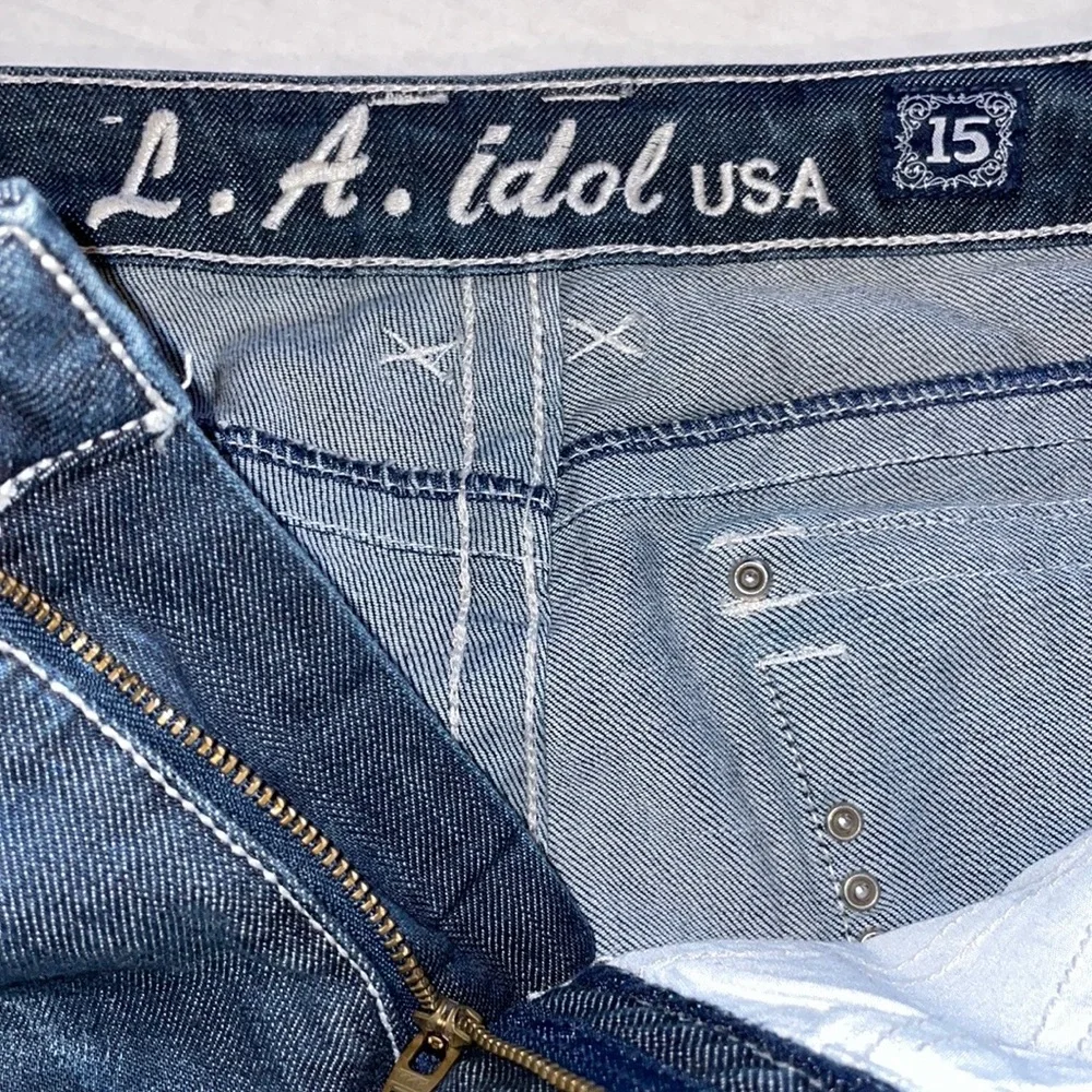 LA IDOL JEANS 15  ROSE Flair LEG JEANS RHINESTONES 5-POCKET ZIPFLY - Picture 14 of 16